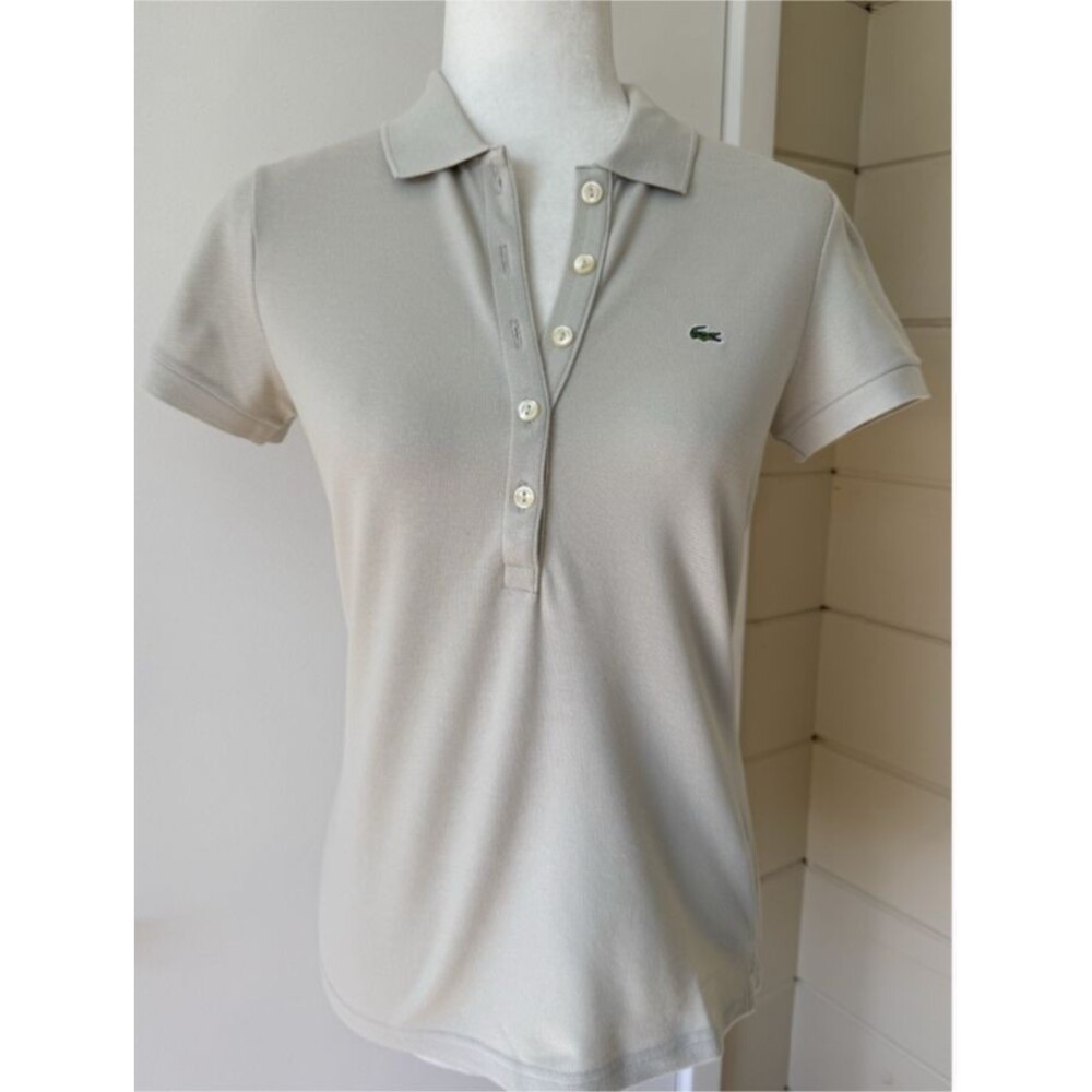 Lacoste Sky Beige Slim Fit Piqué Cotton Polo Shirt Women Sz 38 Small Tenniscore